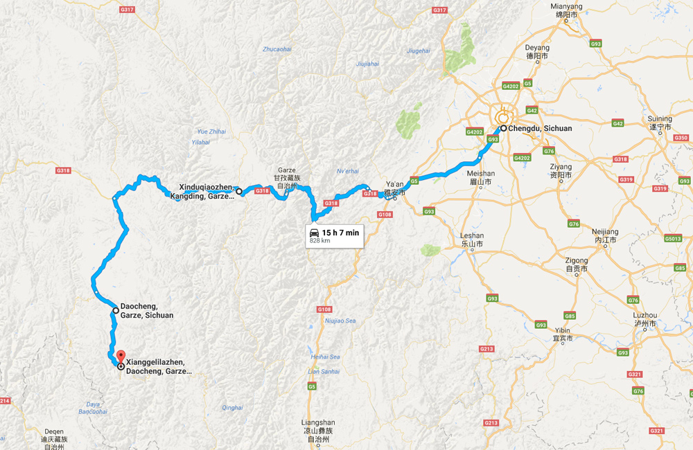 Chengdu to Daocheng Yading Travel Map